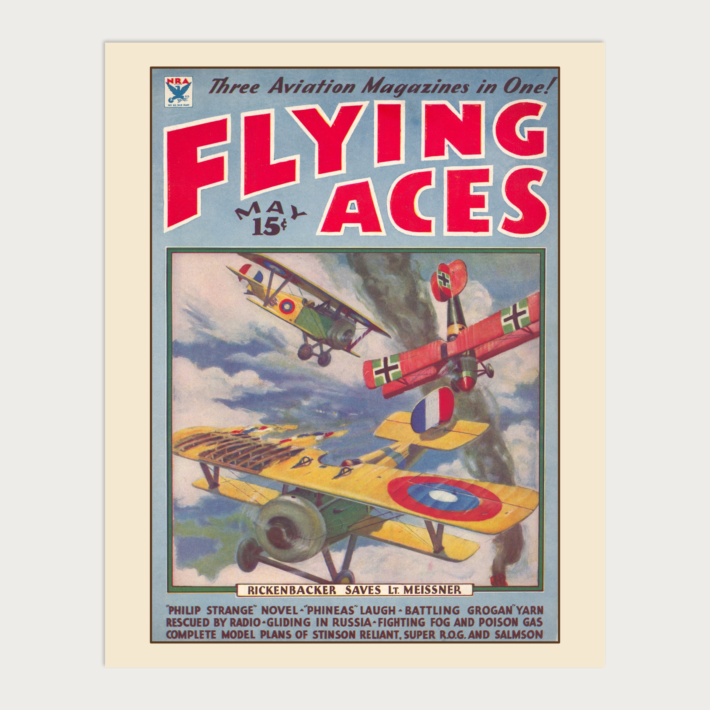 Rickenbacker Saves Lt. Meissner — Flying Aces Magazine Pulp Print
