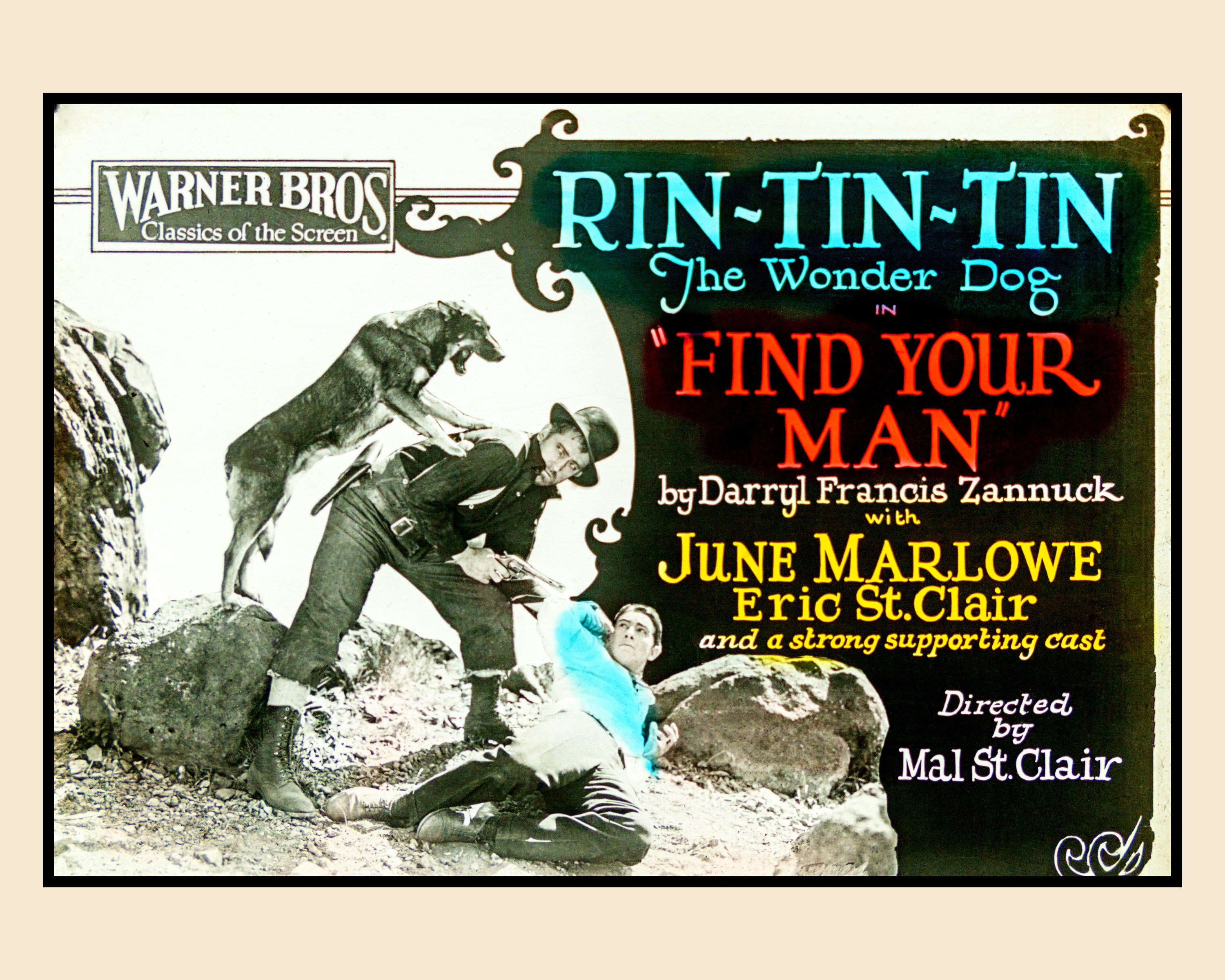 Rin Tin Tin, Find Your Man — Restored Vintage Lantern Slide Print