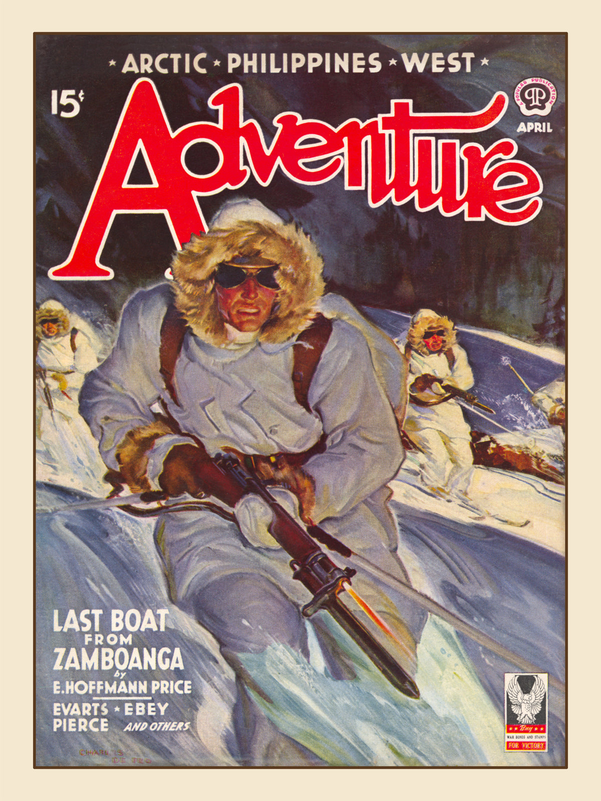 Restored vintage pulp cover print from Adventure Magazine April 1943 showing armed men in parkas crossing Arctic snow and ice.