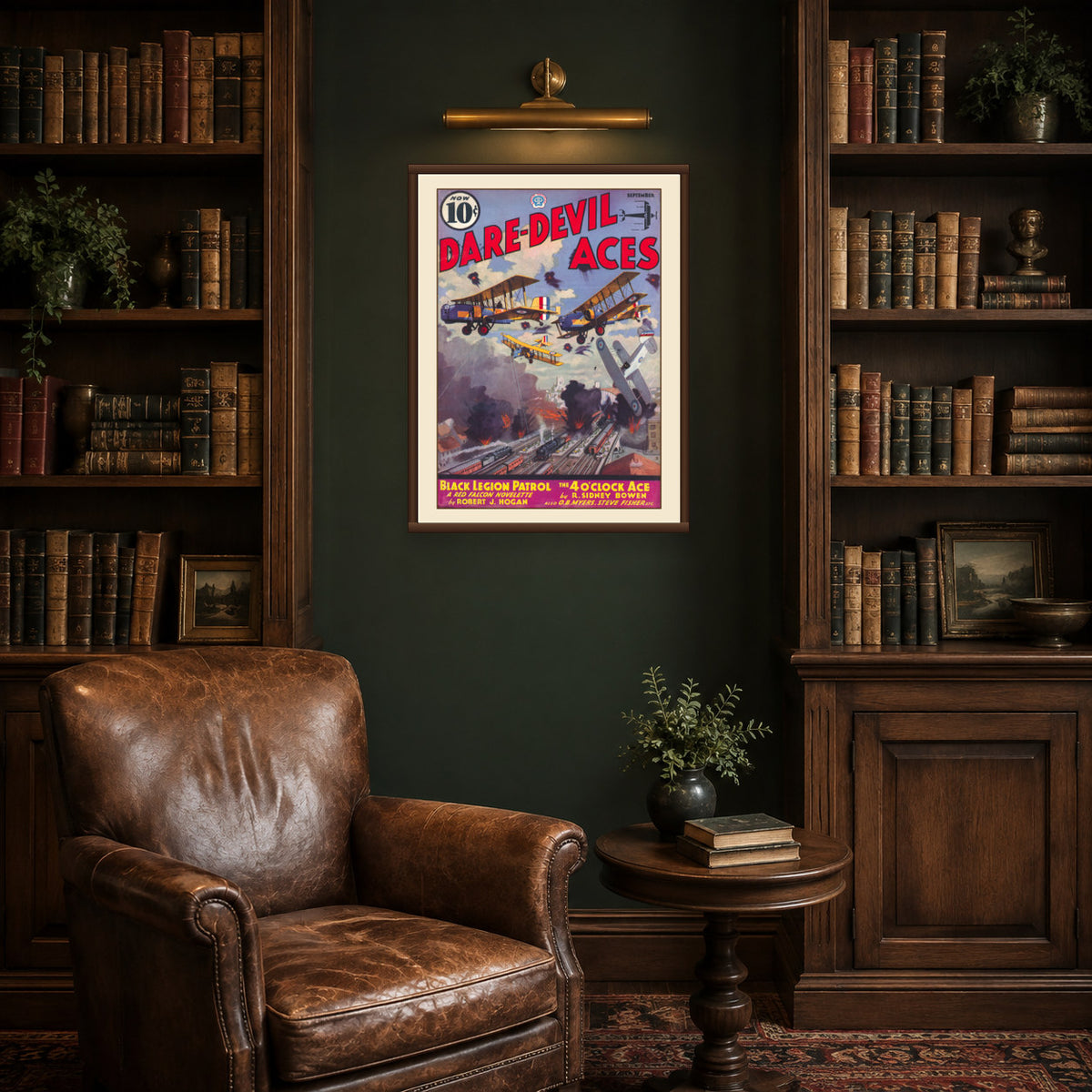 Restored vintage pulp cover print from Dare-Devil Aces September 1936 showing biplanes attacking trains and a city below.