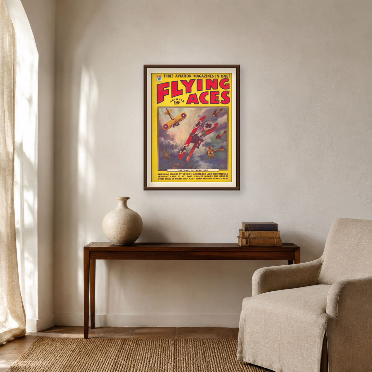 Restored vintage Flying Aces October 1934 pulp cover showing World War I biplanes in combat for Top Man for Frank Luke.