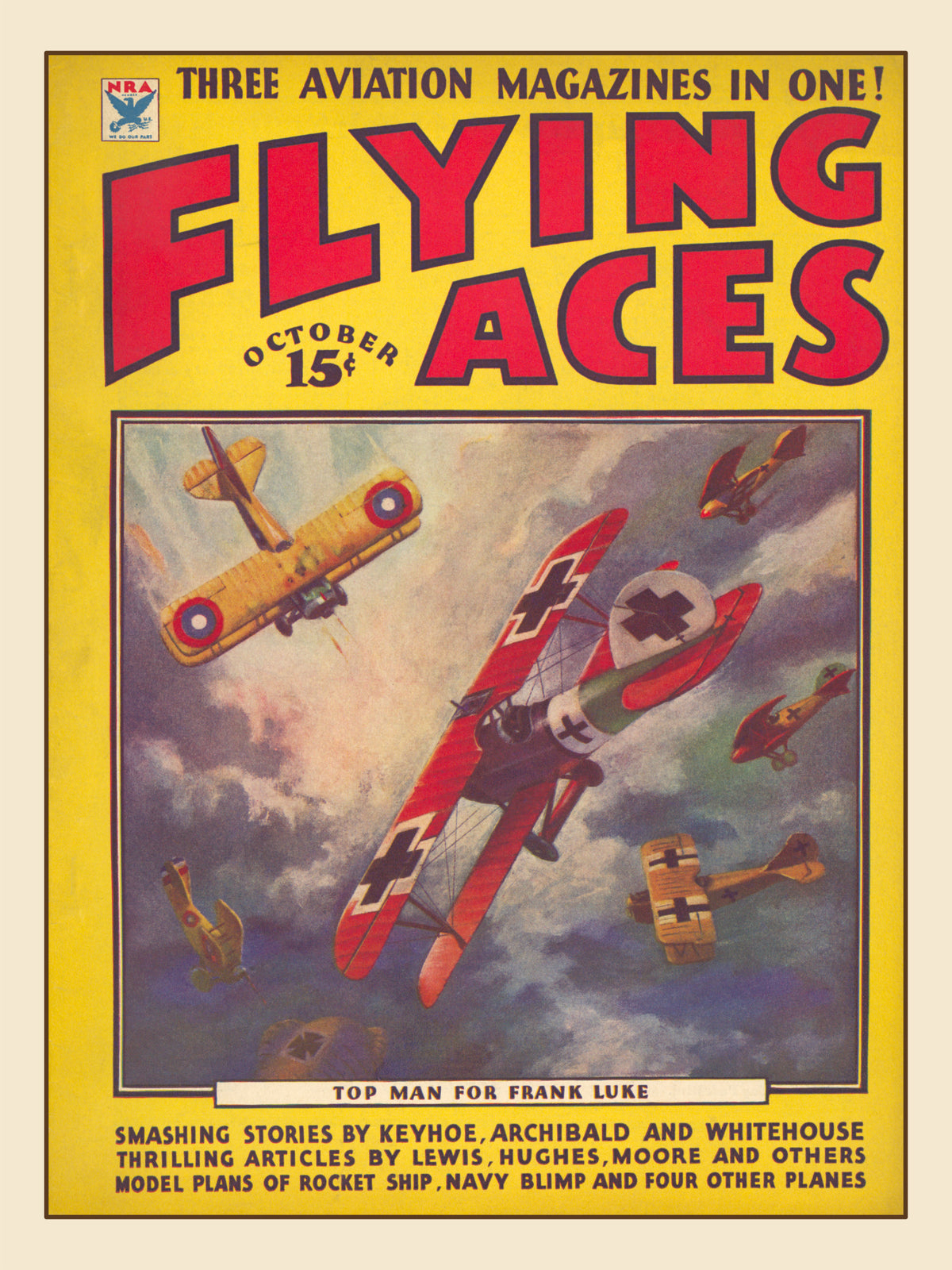 Restored vintage Flying Aces October 1934 pulp cover showing World War I biplanes in combat for Top Man for Frank Luke.