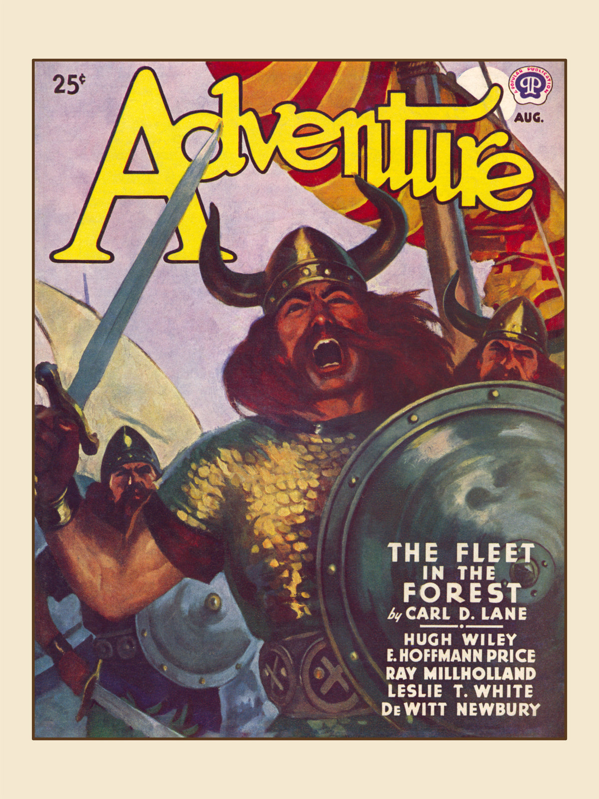 Restored vintage pulp cover print from Adventure Magazine August 1943 showing Viking warriors with sword, shield, and longship sail.