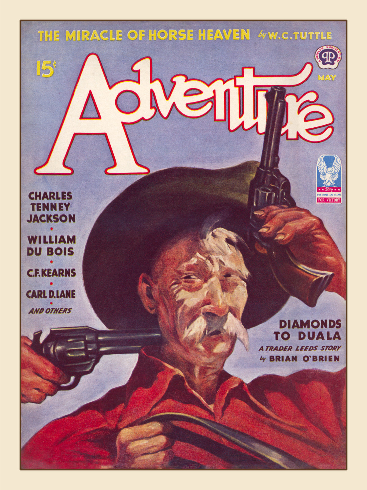 Restored vintage pulp cover print from Adventure Magazine May 1943 featuring a gunfighter with two revolvers and the story Diamonds to Duala.