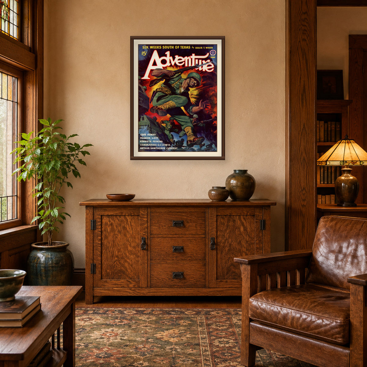 Restored vintage pulp cover print from Adventure Magazine June 1943 featuring Six Weeks South of Texas and a soldier in an explosive wartime scene.