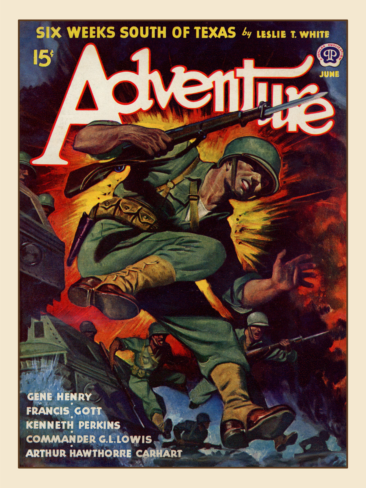 Restored vintage pulp cover print from Adventure Magazine June 1943 featuring Six Weeks South of Texas and a soldier in an explosive wartime scene.